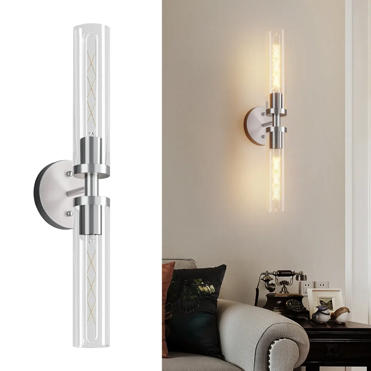 Clear glass wall sconce, 21.7 in, brushed nickel, view 7