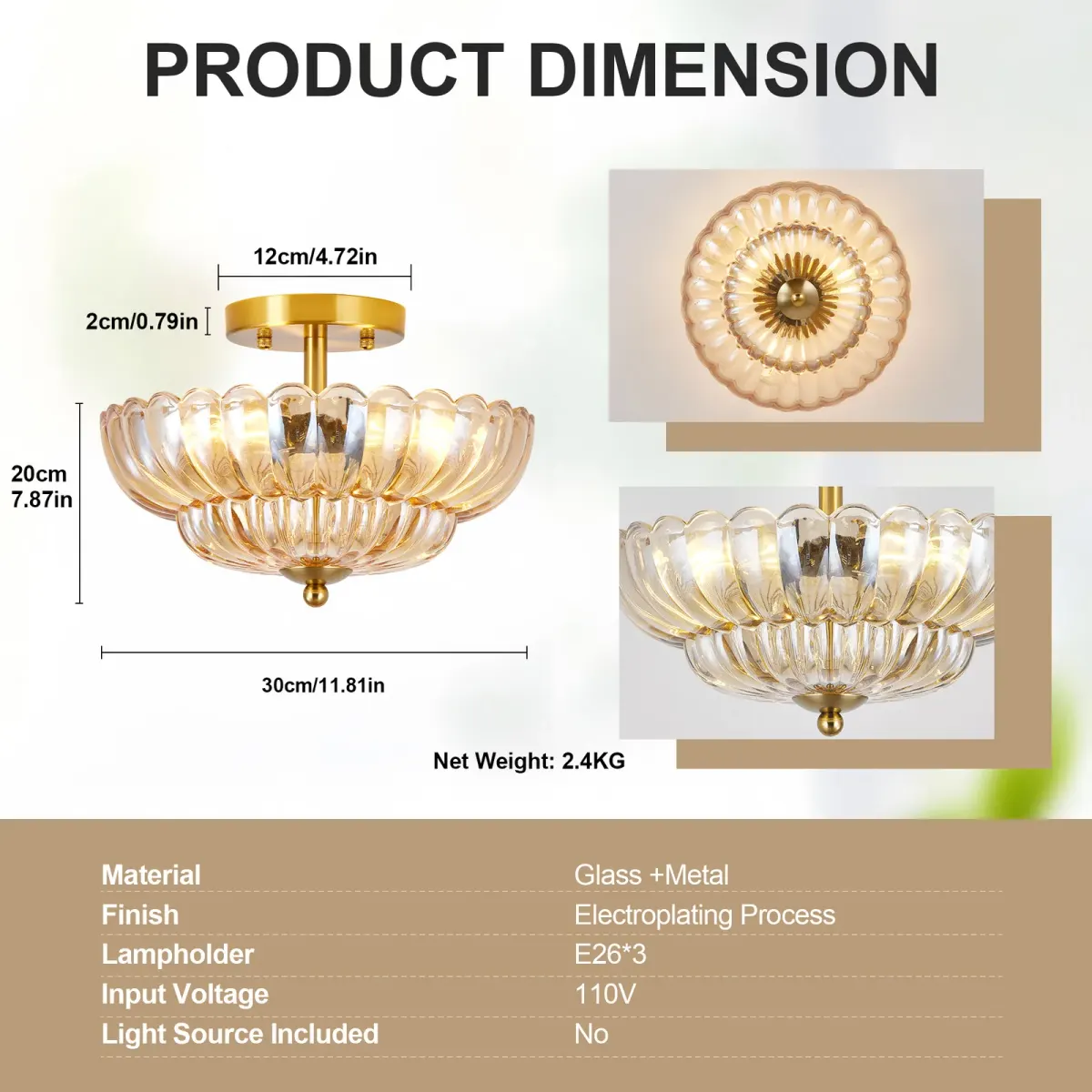 Glass semi-flush mount, 3 lights, amber, dimension drawing 1