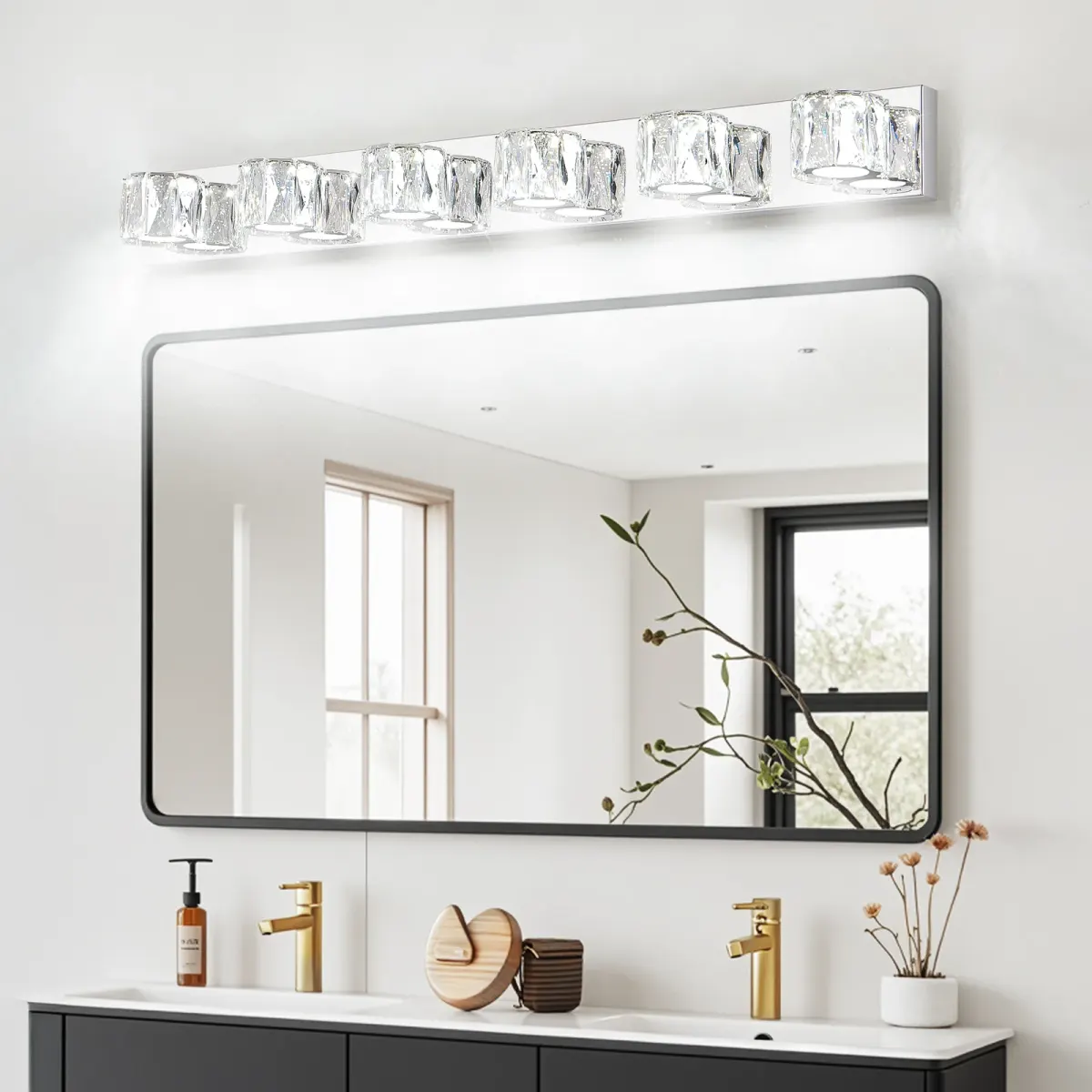 Crystal vanity bar, 5–6 lights, 6 lights, chrome
