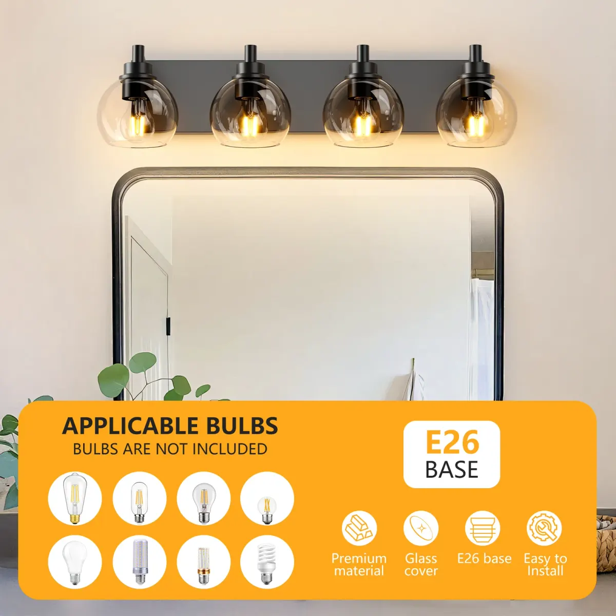 Clear glass vanity bar, 3–6 lights, 19.3–40.6 in, 4 lights, black, manufacturer image 1