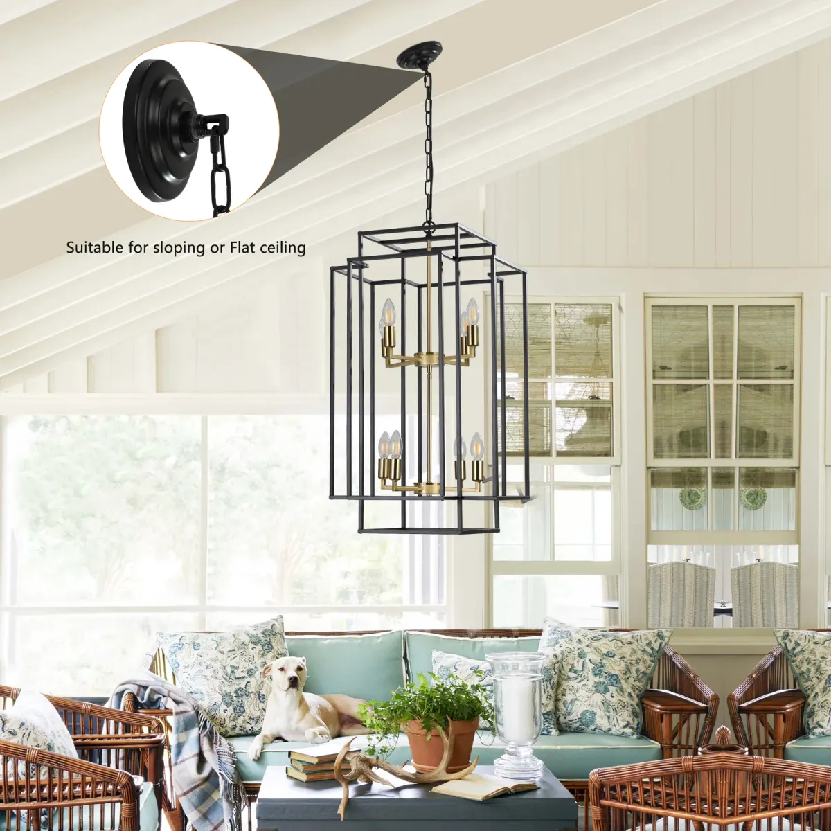 Geometric pendant chandelier, 8 lights, black and gold, manufacturer image 3