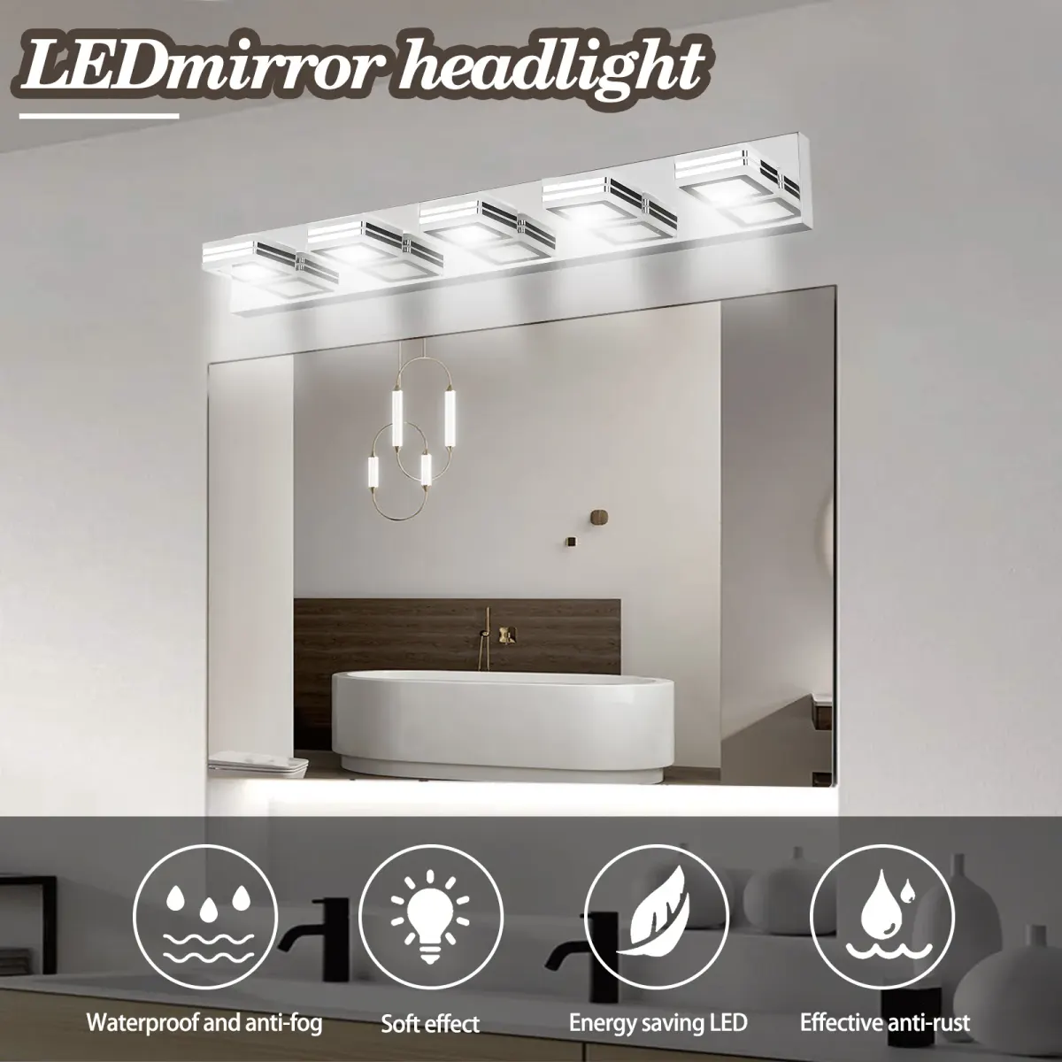 Square acrylic vanity bar, 5 lights, chrome, manufacturer image 1