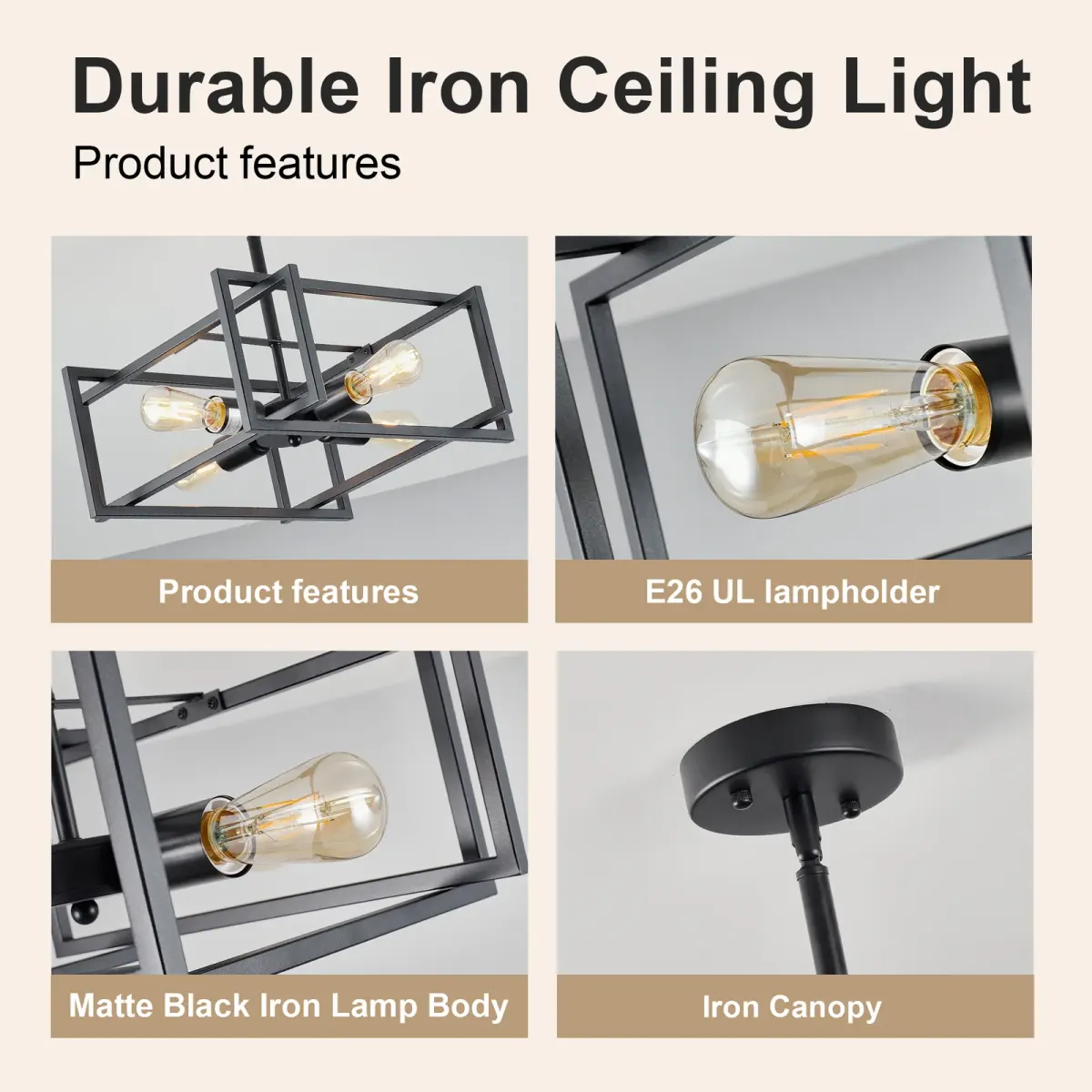 Flush mount chandelier, 4 lights, black, manufacturer image 3