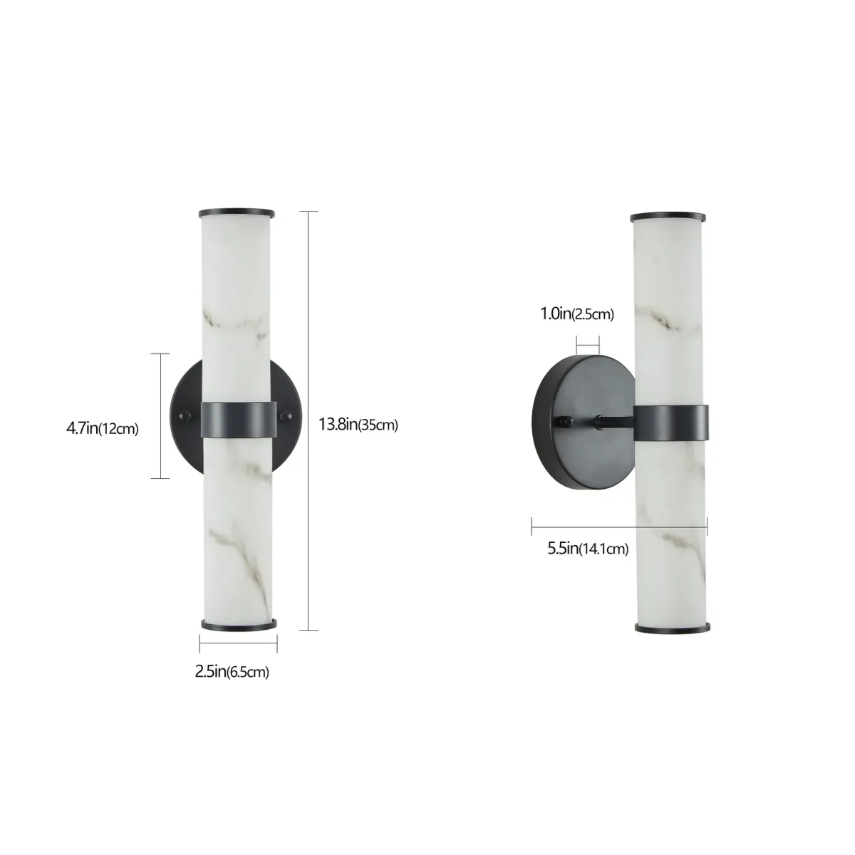 Marble wall sconce, 5.5 in, 5.5 in, black, dimension drawing 1
