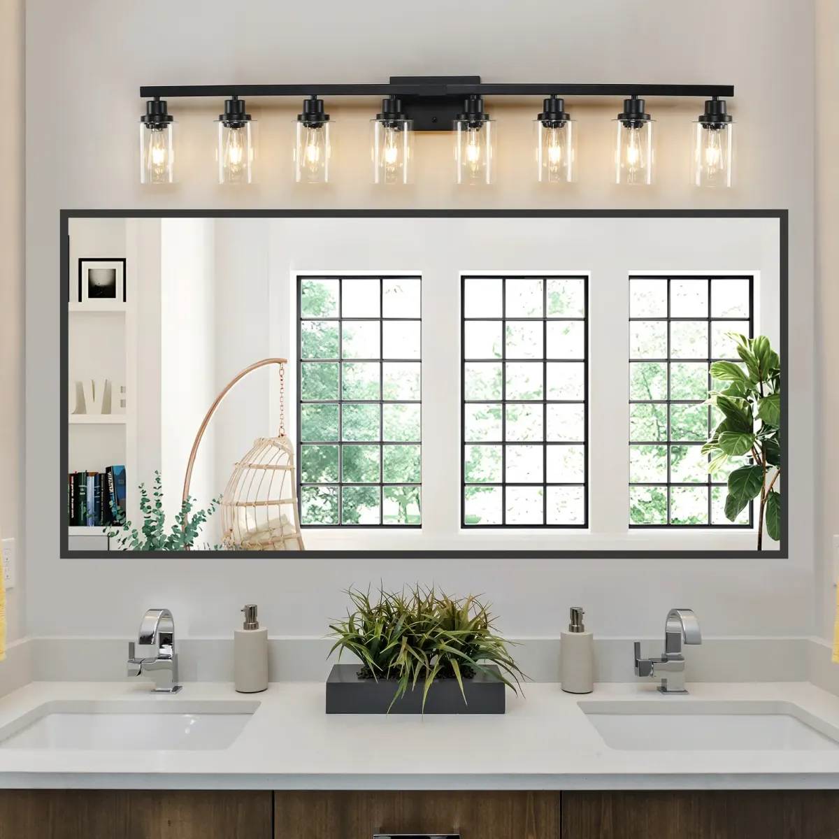 Clear glass vanity bar, 8 lights, black, view 4