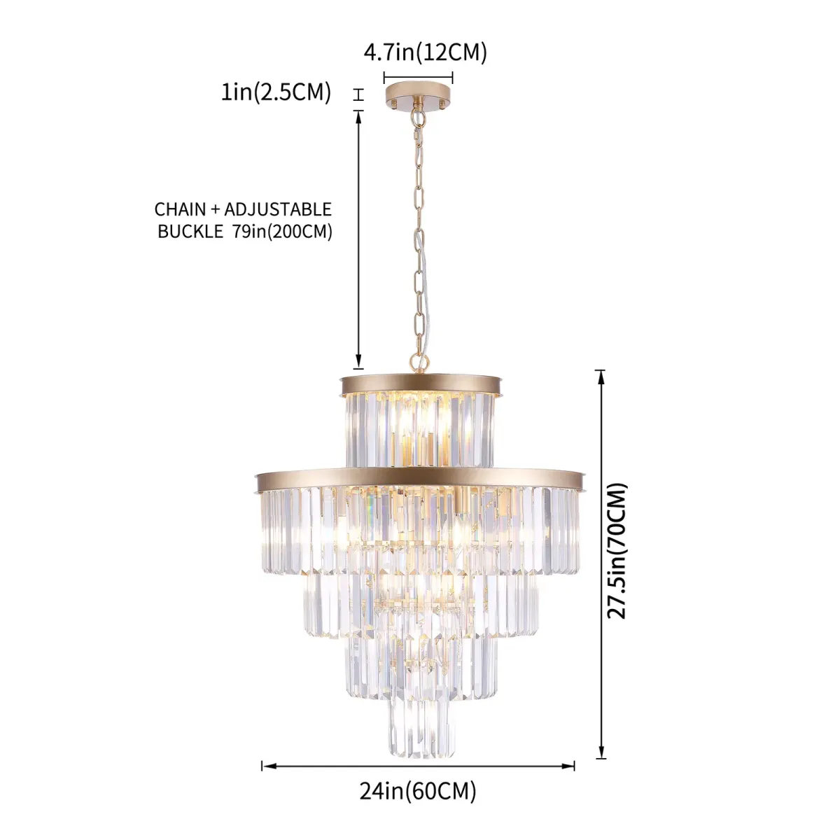 Crystal chandelier, 23.6 in, gold (L005006-D600-P15G), dimension drawing 2