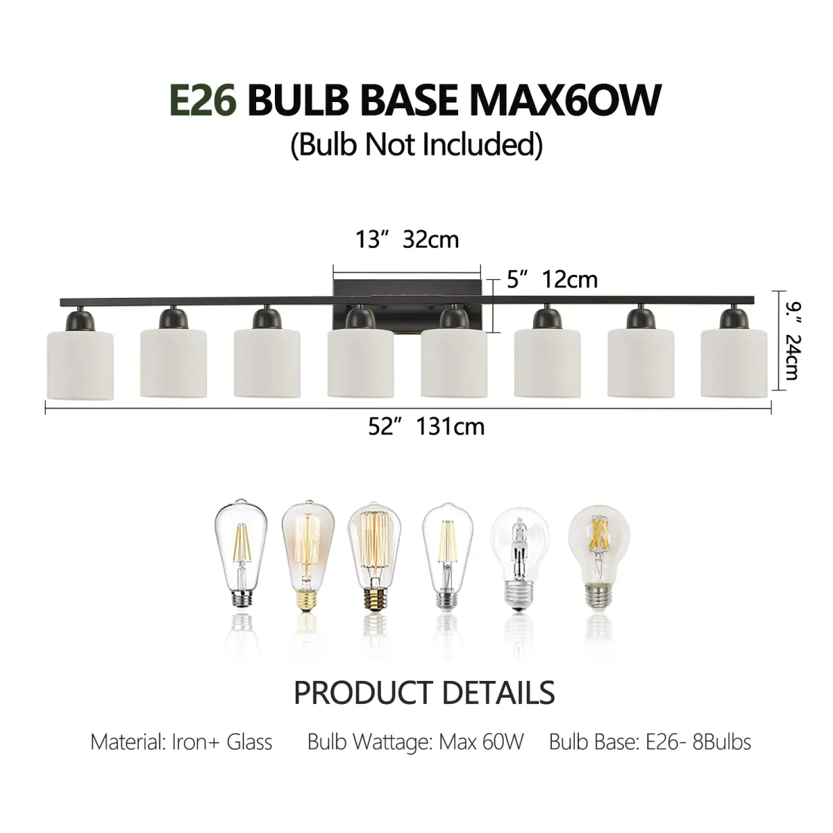 Frosted glass vanity bar, 8 lights, black, dimension drawing 1
