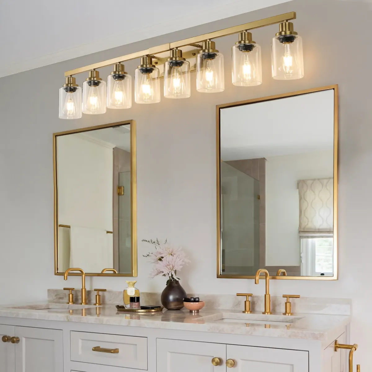 Clear glass vanity bar, 8 lights, copper tone, view 4