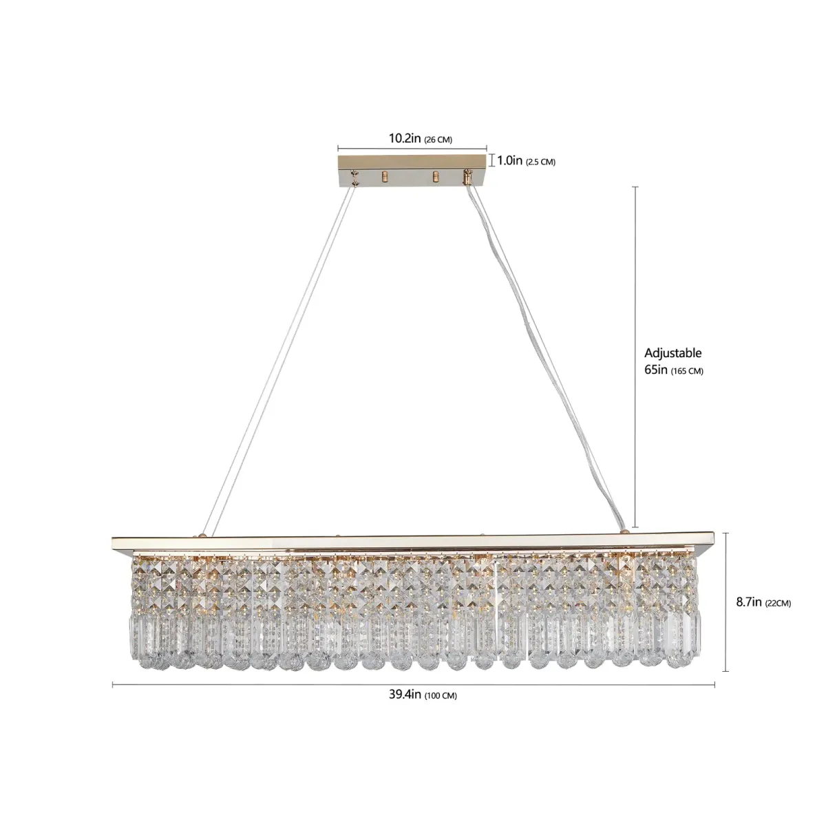 Raindrop crystal chandelier, 8 lights, gold, dimension drawing 1