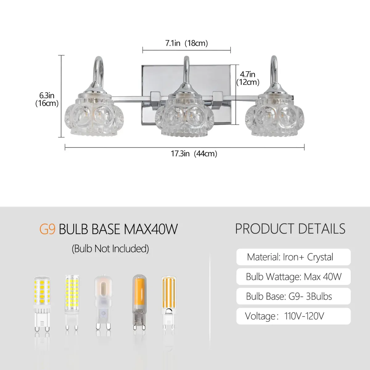 Crystal glass vanity bar, 3 lights, chrome, dimension drawing 1