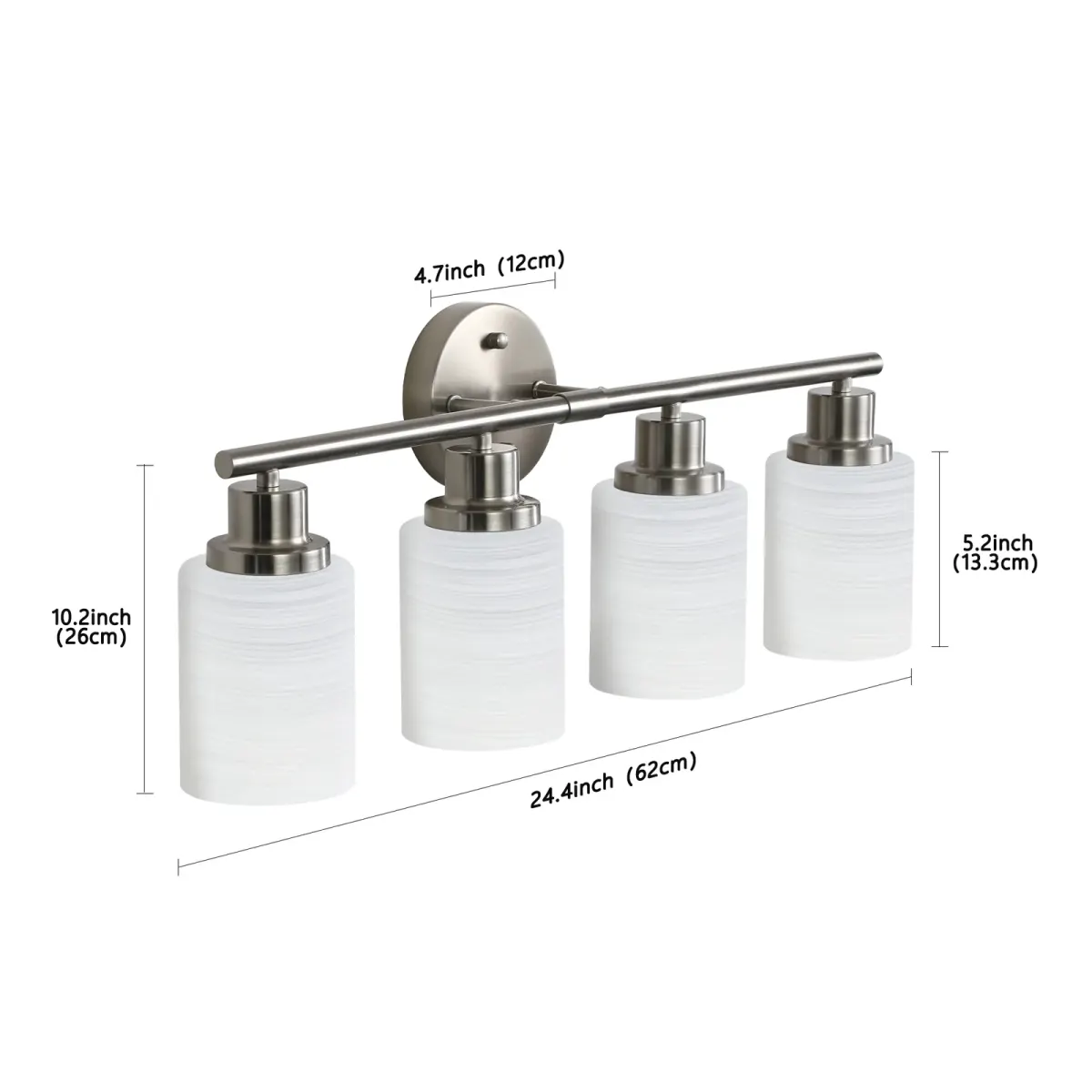 Frosted glass vanity sconce, 4 lights, chrome, dimension drawing 1