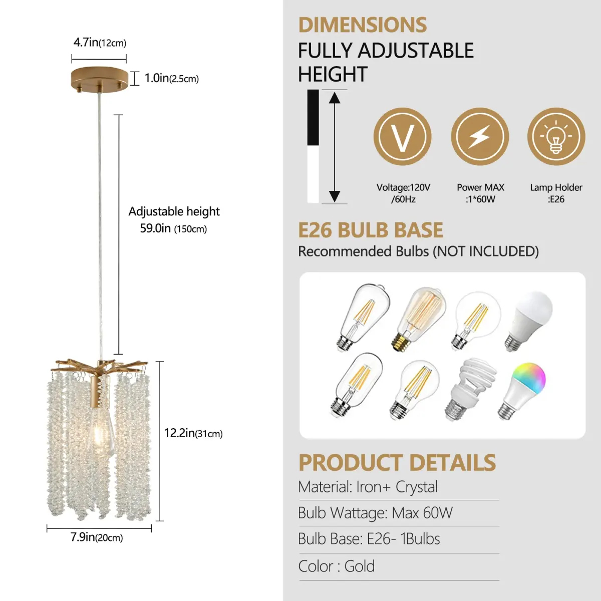 Crystal chandelier, 7.9 in, gold, dimension drawing 1