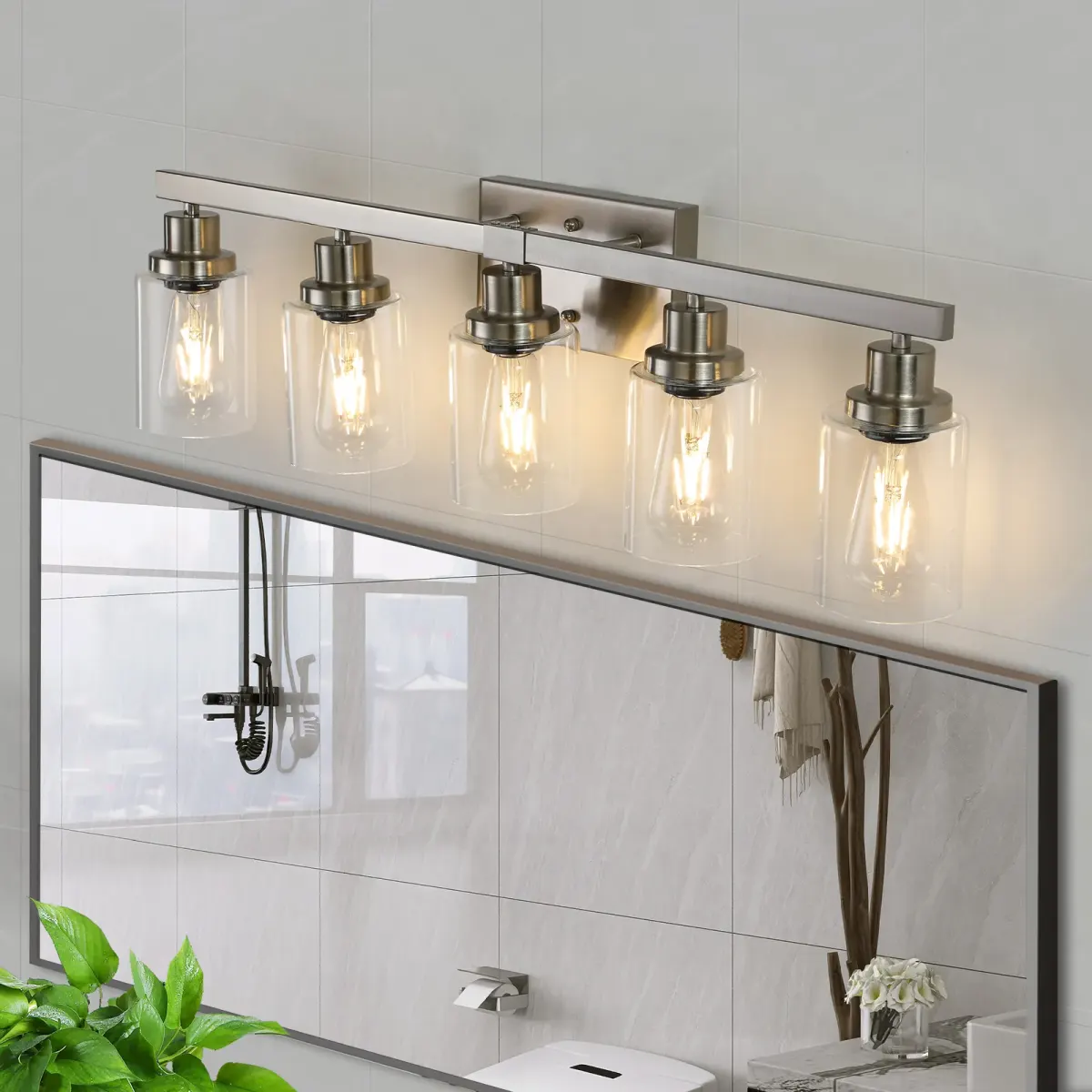 Clear glass vanity bar, 5 lights, chrome, view 2