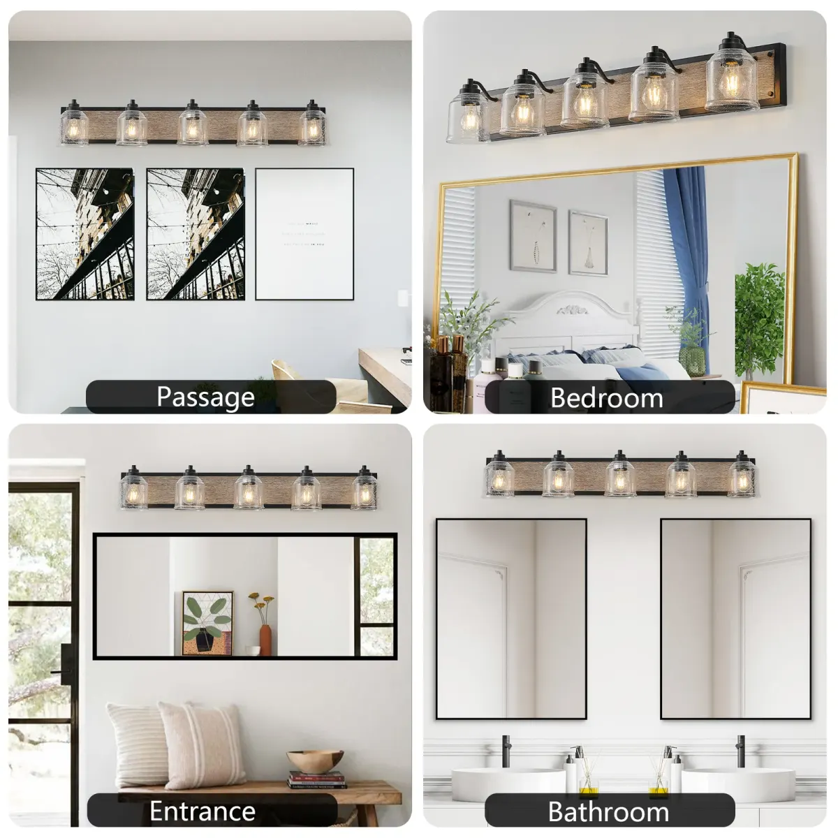 Seeded glass wood vanity bar, 5 lights, black, view 6