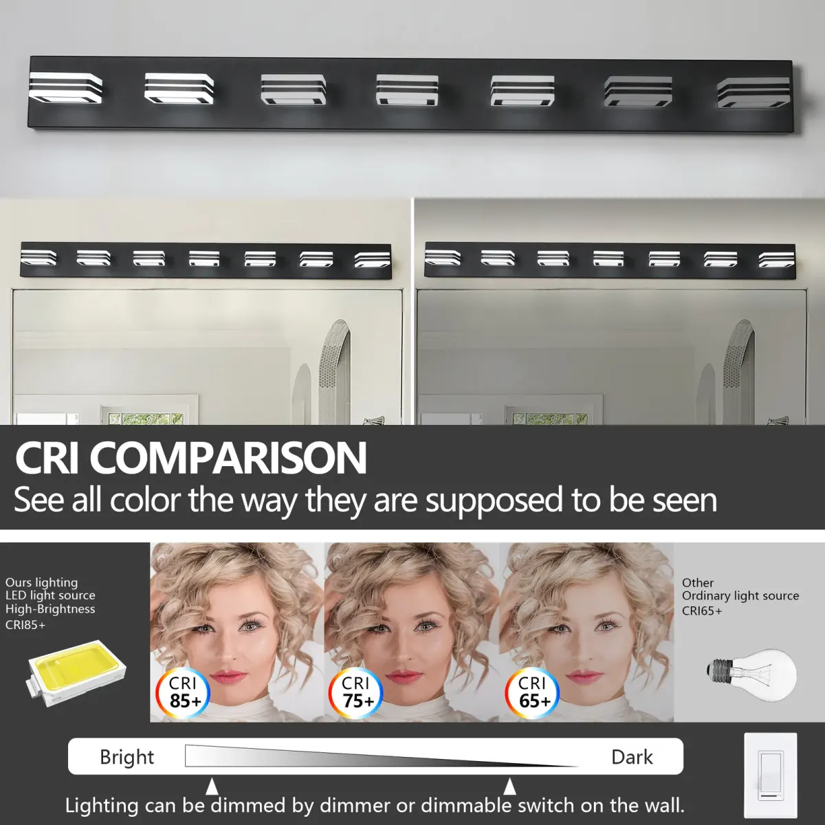 Square acrylic vanity bar, 7 lights, black, manufacturer image 1