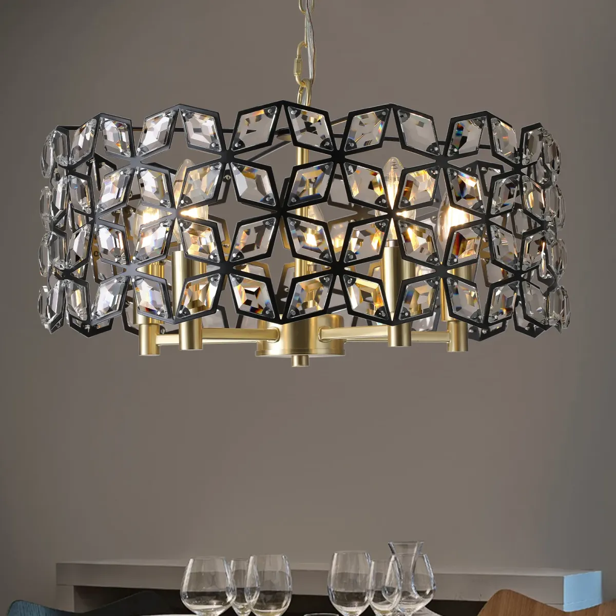 5-light crystal geometric chandelier, black,gold,transparent, view 4