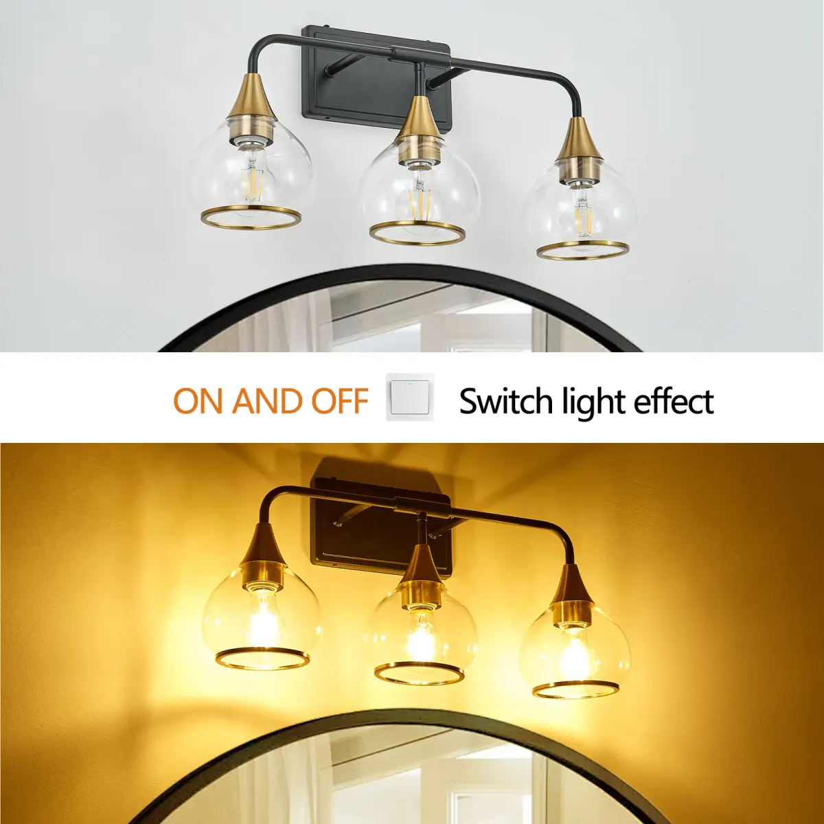 Clear glass vanity bar, 3–6 lights, 22.6–48.1 in, 3 lights, black and gold, manufacturer image 3