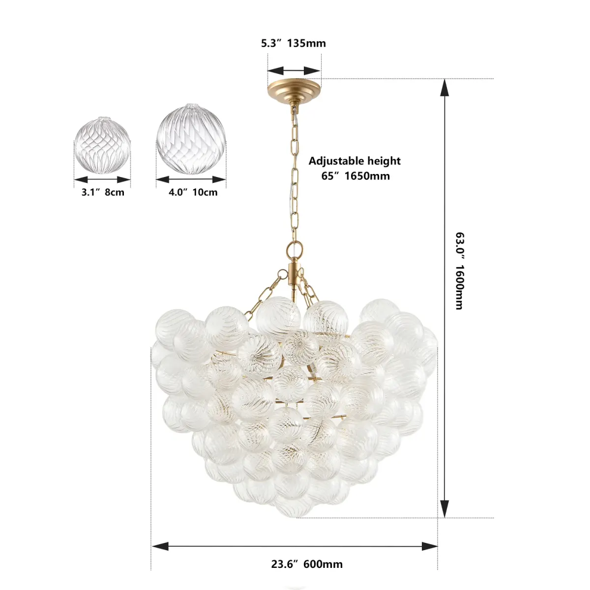 Clear glass glass globe chandelier, 23.6 in, gold, dimension drawing 2