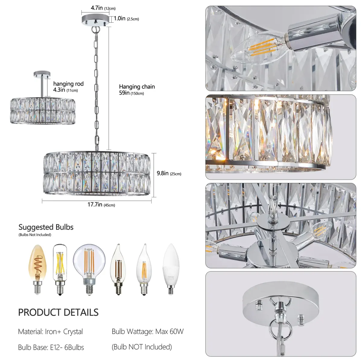 Crystal chandelier, 17.7 in, chrome, manufacturer image 3