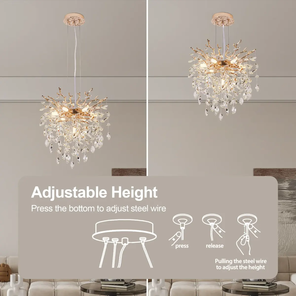 7-light crystal branch chandelier, gold, view 4