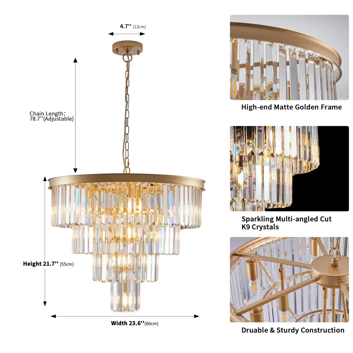 Crystal chandelier, 23.6 in, gold (L005006-D600-P12G), dimension drawing 2