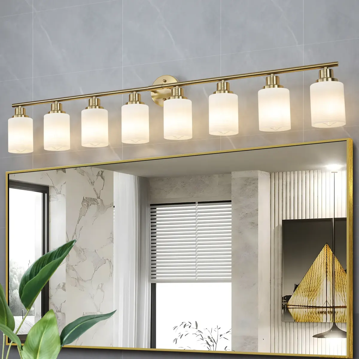 Frosted glass vanity sconce, 8 lights, copper tone, view 4