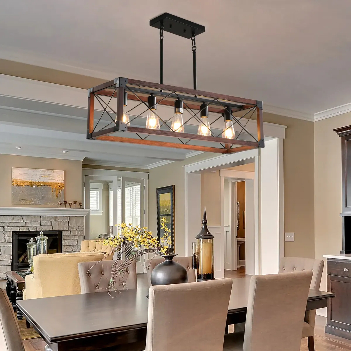 Rectangle pendant chandelier, 5 lights, black,red, view 8