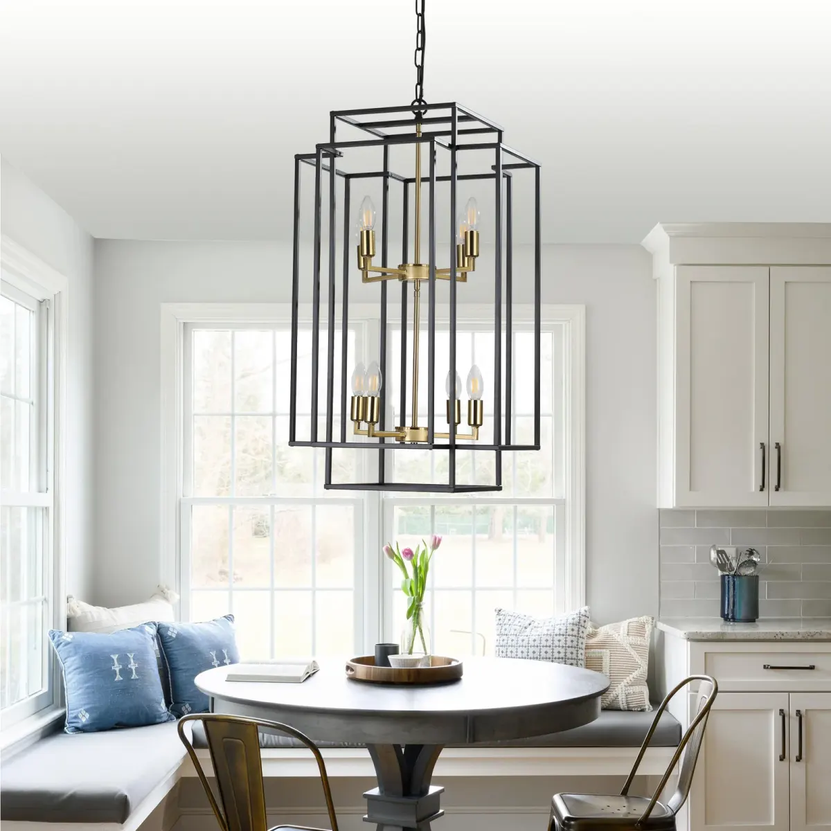 Geometric pendant chandelier, 8 lights, black and gold, view 10