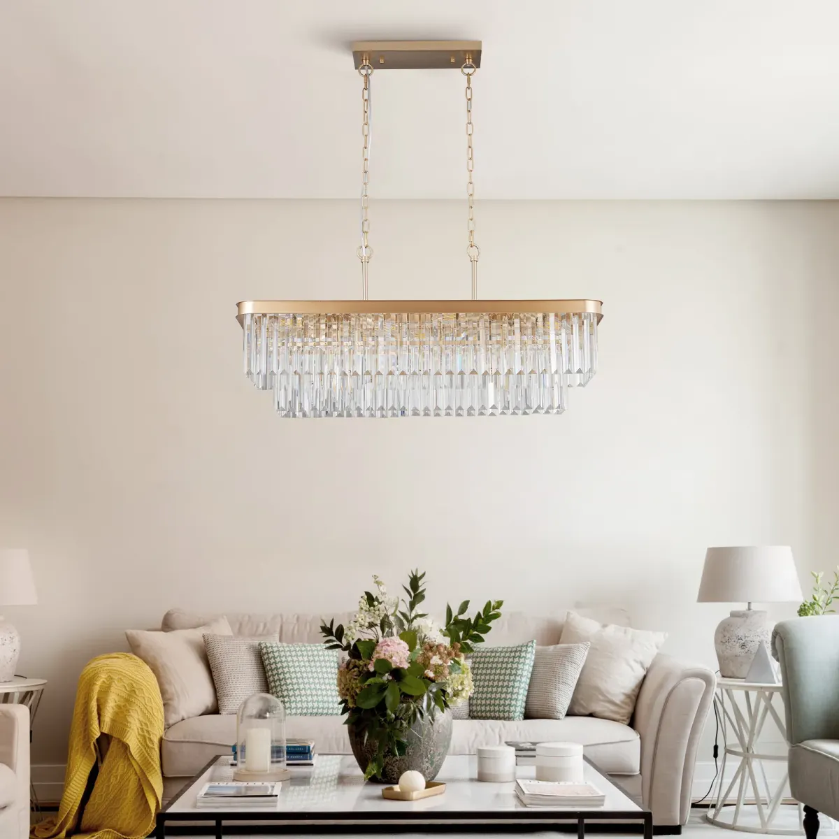 Crystal rectangle chandelier, 33.5 in, 33.5 in, gold, view 3