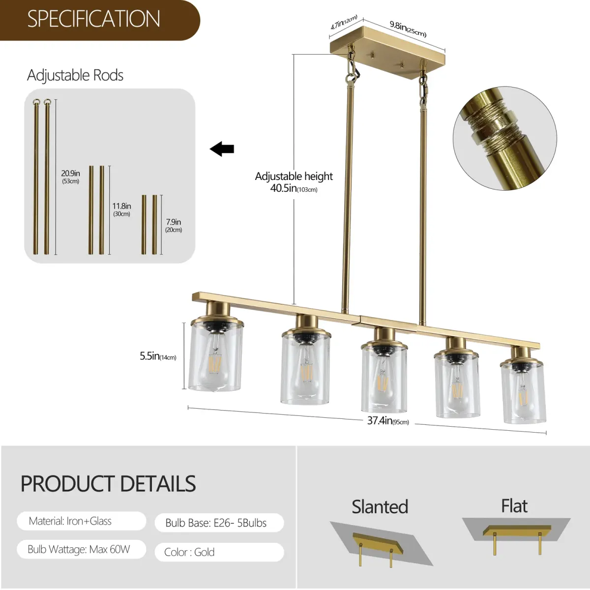 Clear glass shade chandelier, 5 lights, gold, manufacturer image 4