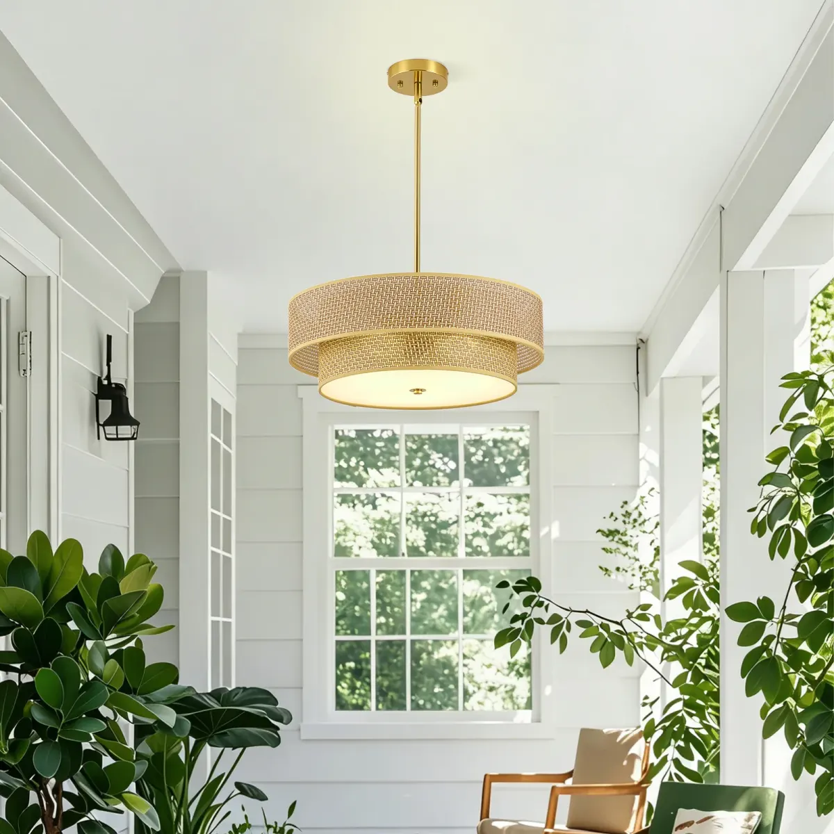 Rattan drum chandelier, 17.7 in, gold, view 3