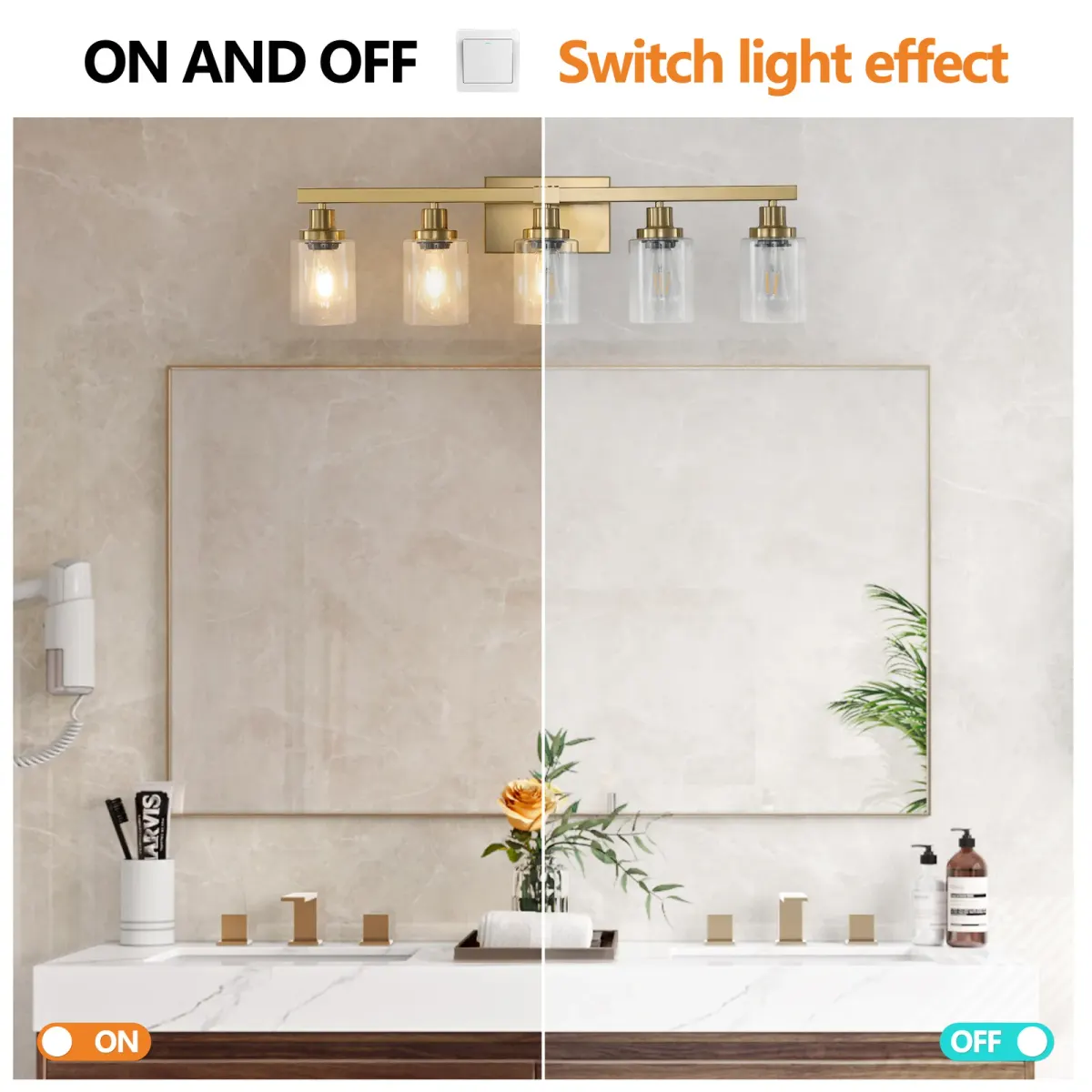 Clear glass vanity bar, 5 lights, gold, view 7