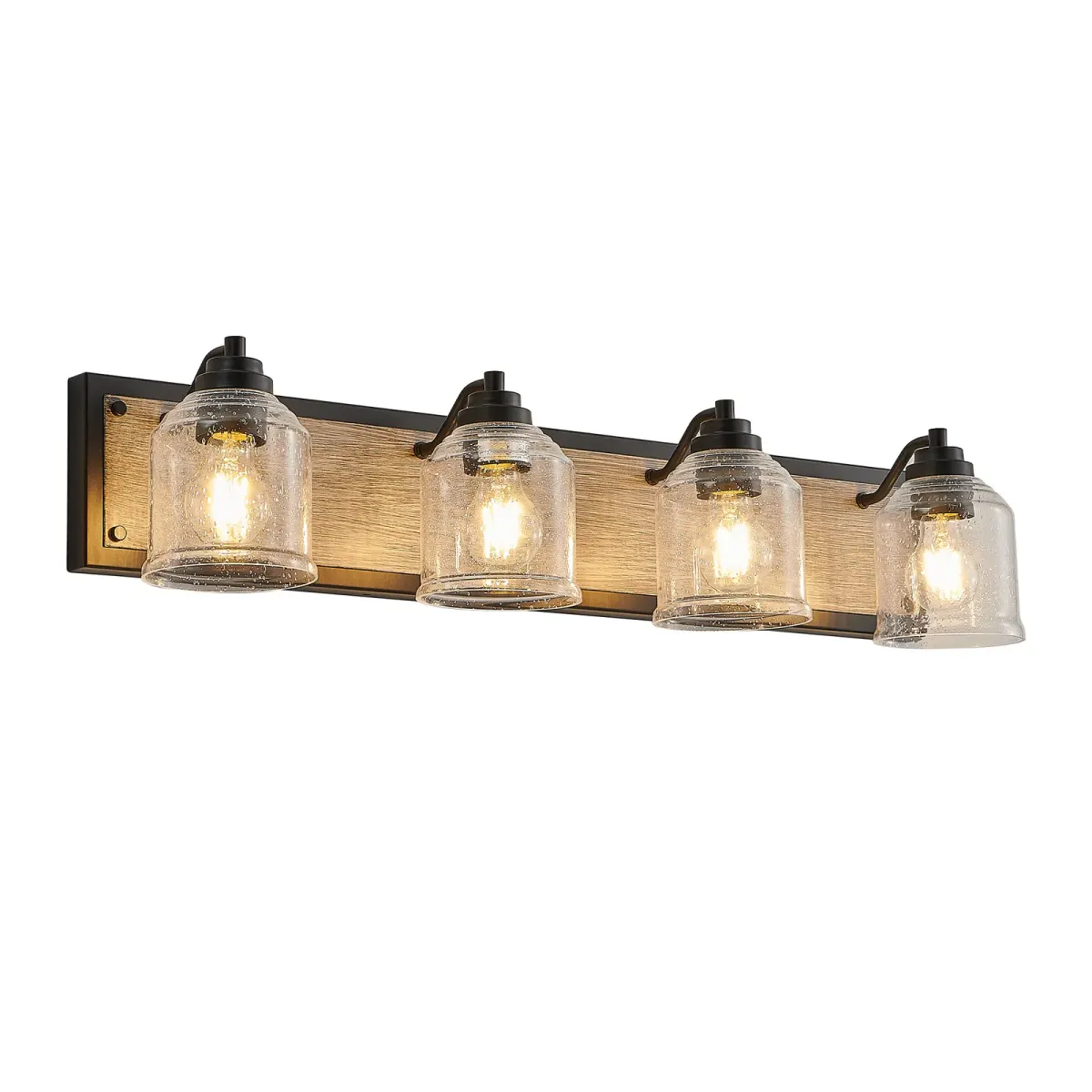 Seeded glass wood vanity bar, 4 lights, black, view 6