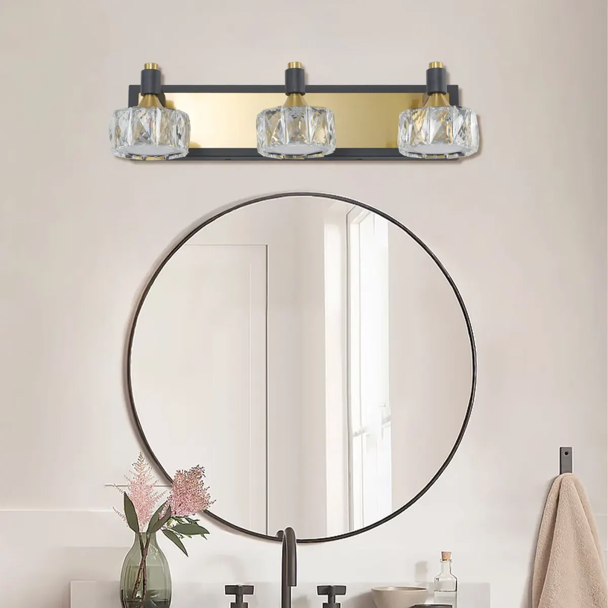 3-light crystal vanity light, yellow brown, view 2