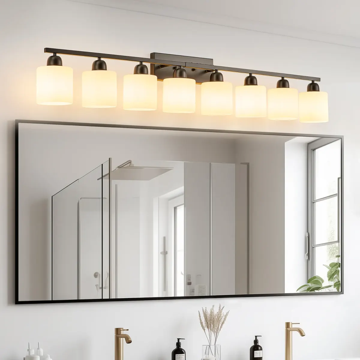Frosted glass vanity bar, 8 lights, black, view 3