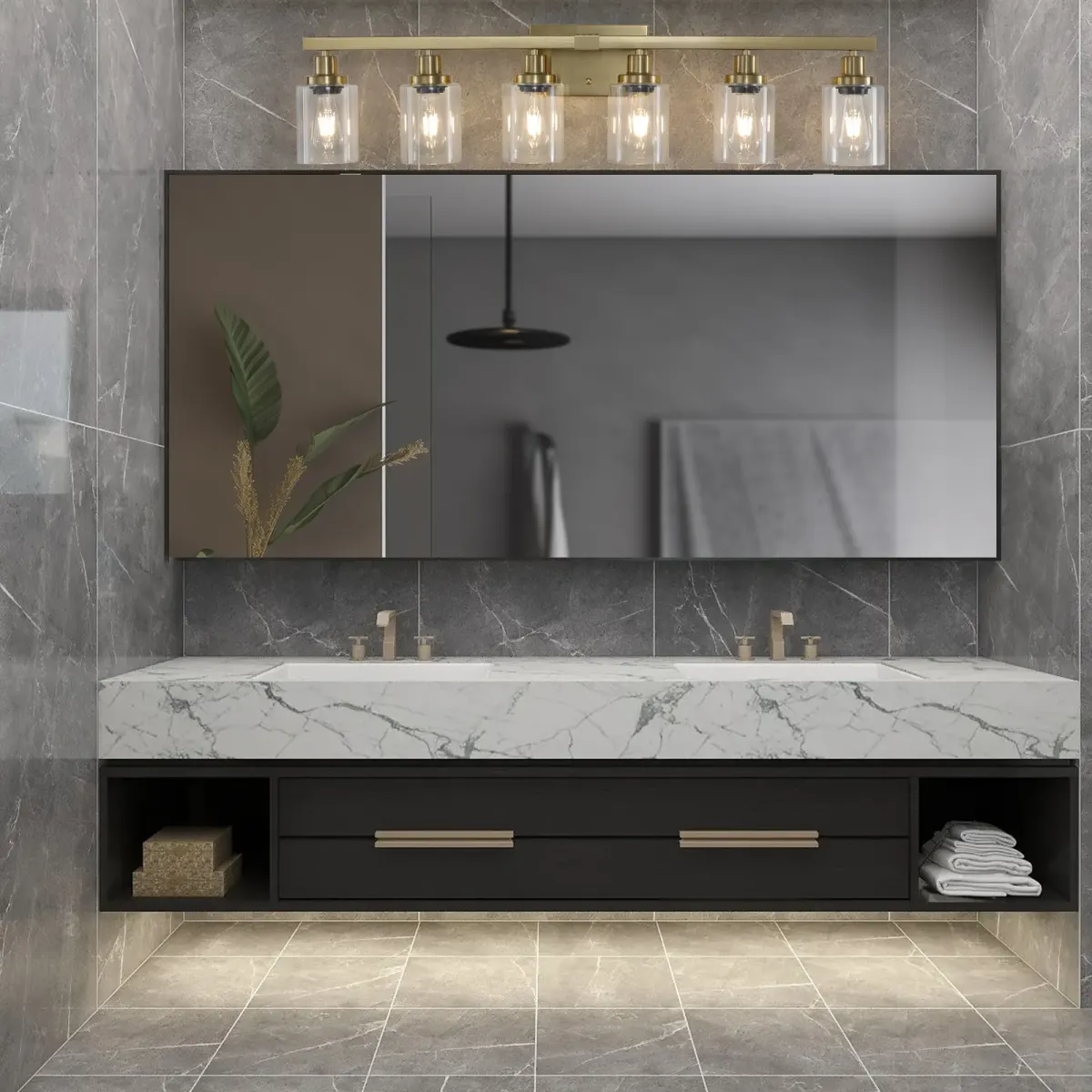 Clear glass vanity bar, 6 lights, gold, view 3