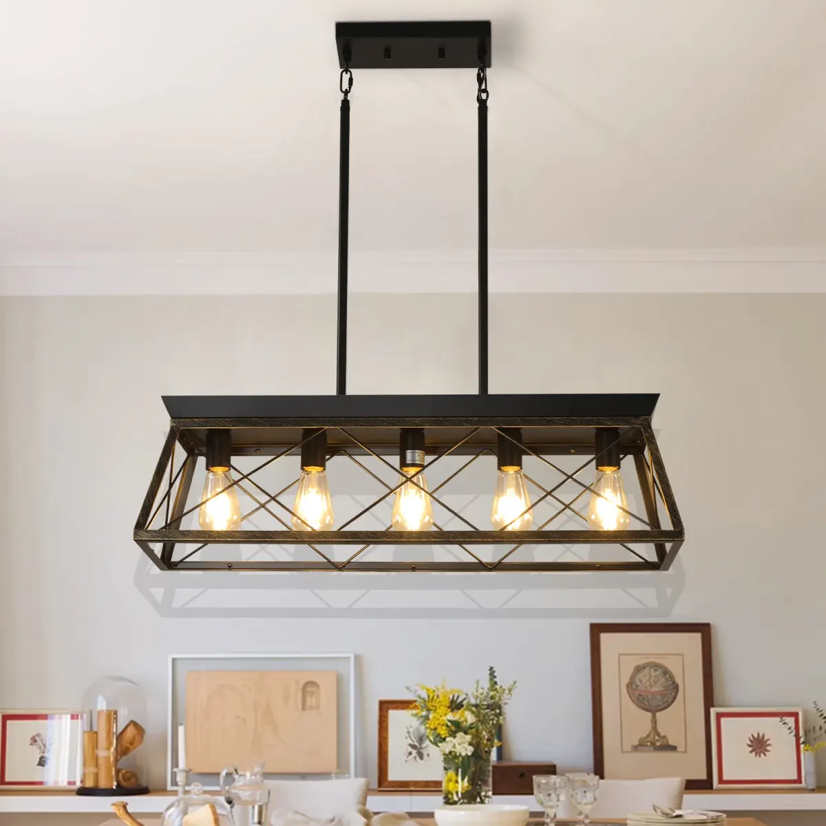 5-light cage chandelier, black and gold, view 5
