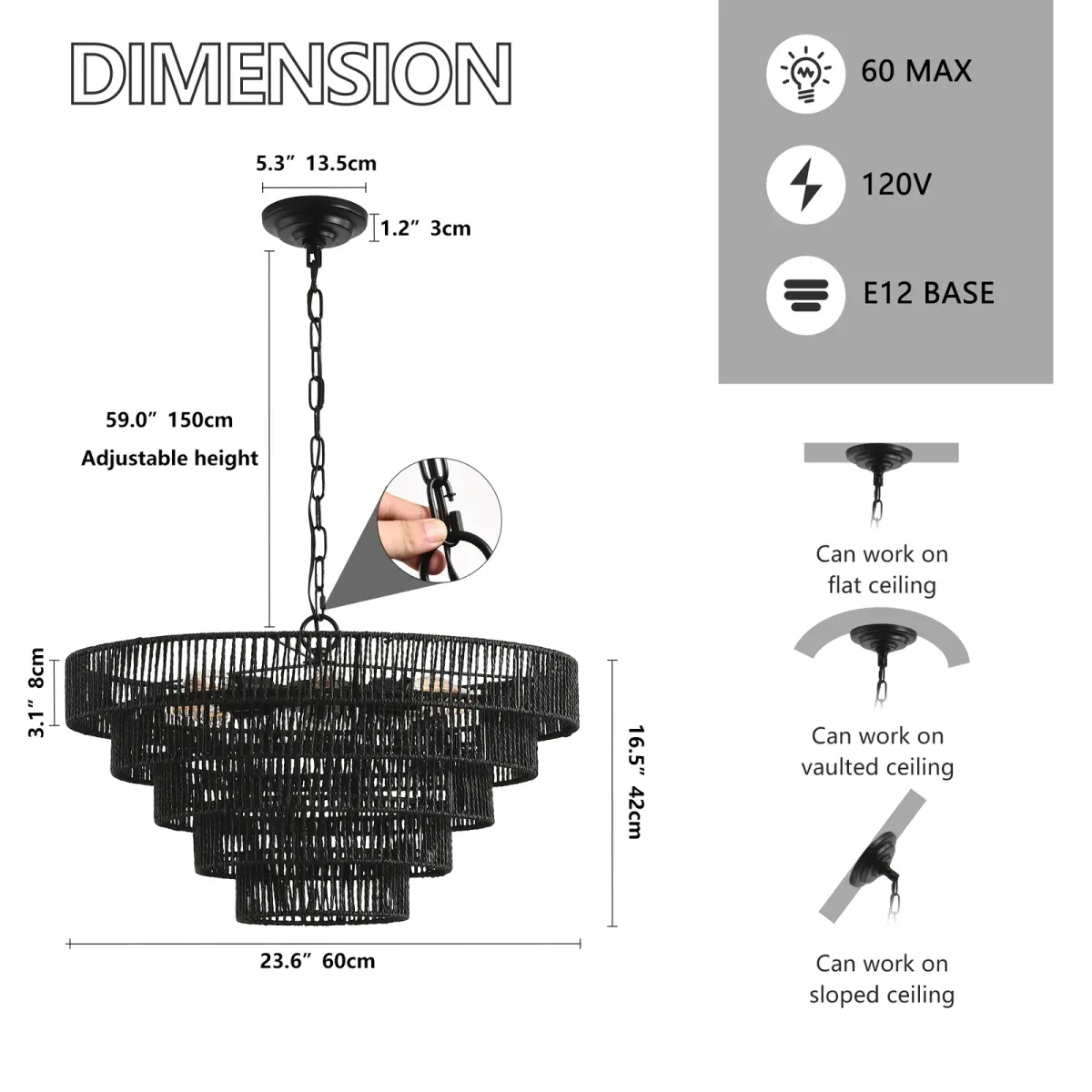 Rope chandelier, 23.6 in, black, dimension drawing 1