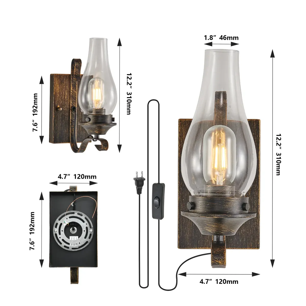 Clear glass wall sconce, 8.7 in, black and gold (L001023-W1BG2), dimension drawing 2