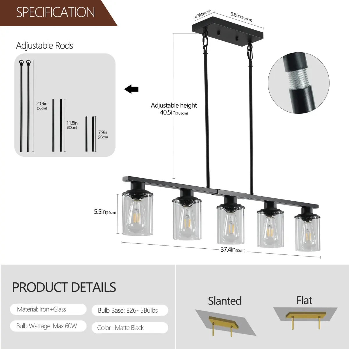 Clear glass shade chandelier, 5 lights, black, manufacturer image 4