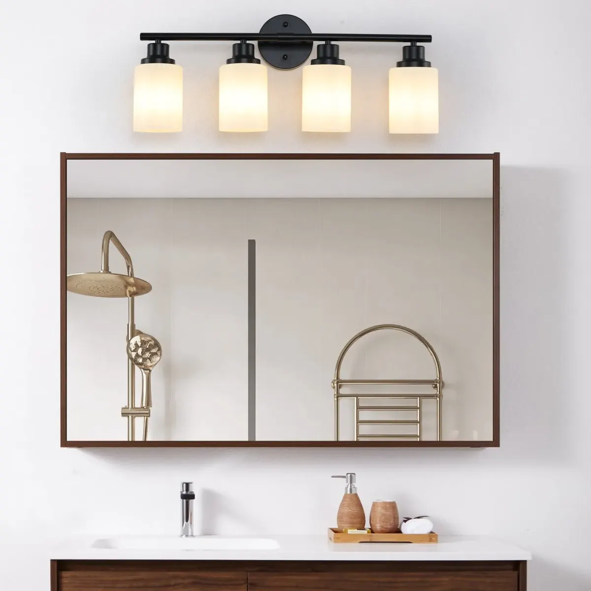 Frosted glass vanity sconce, 4 lights, black