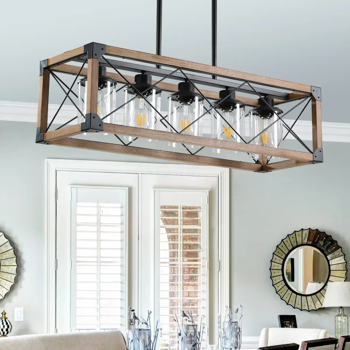 Rectangle pendant chandelier, 5 lights, walnut, manufacturer image 1