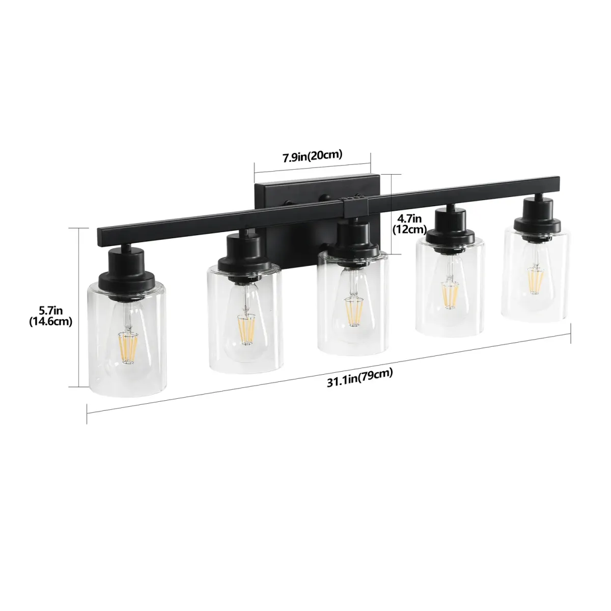 Clear glass vanity bar, 5 lights, black, dimension drawing 2