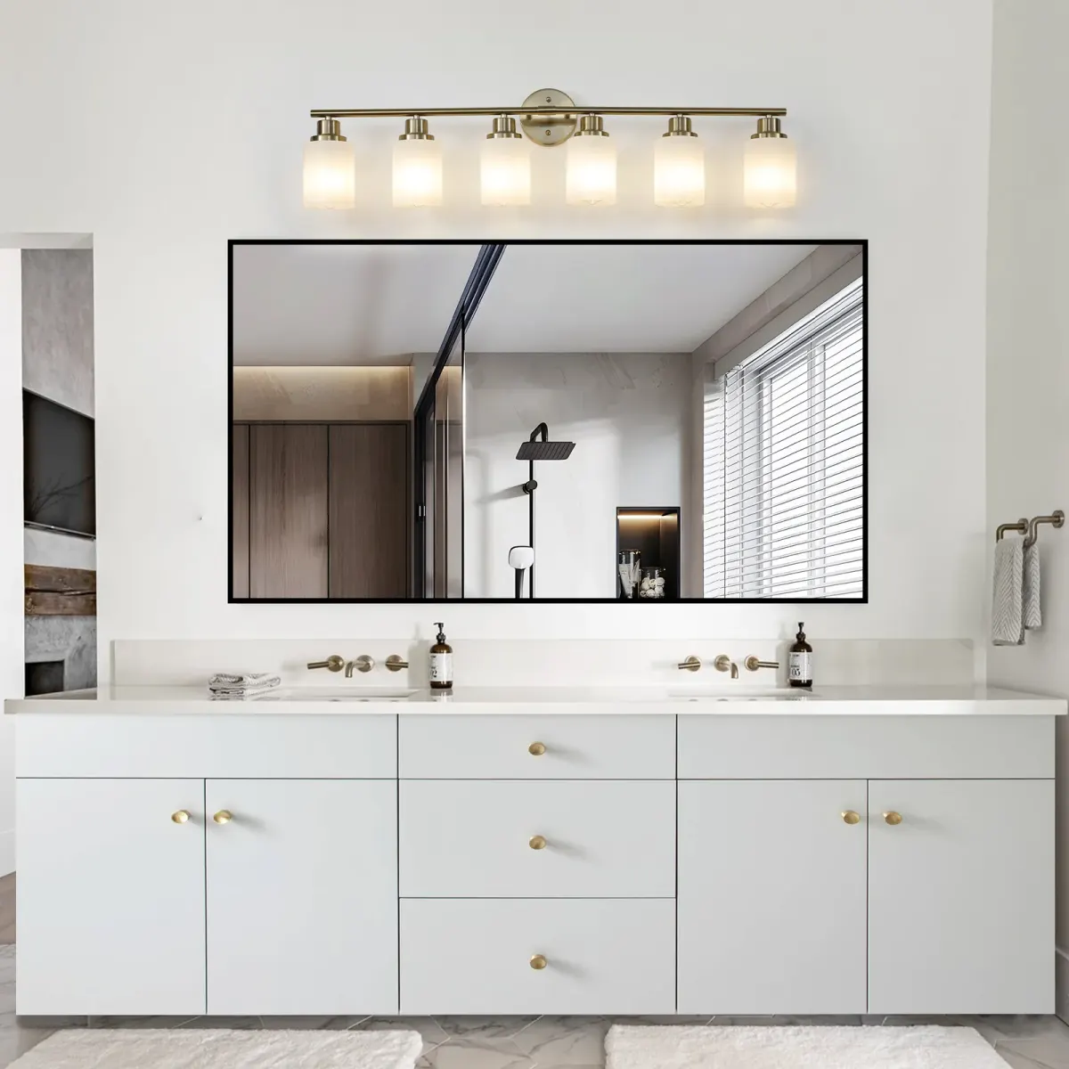 Frosted glass vanity sconce, 6 lights, copper tone, view 3