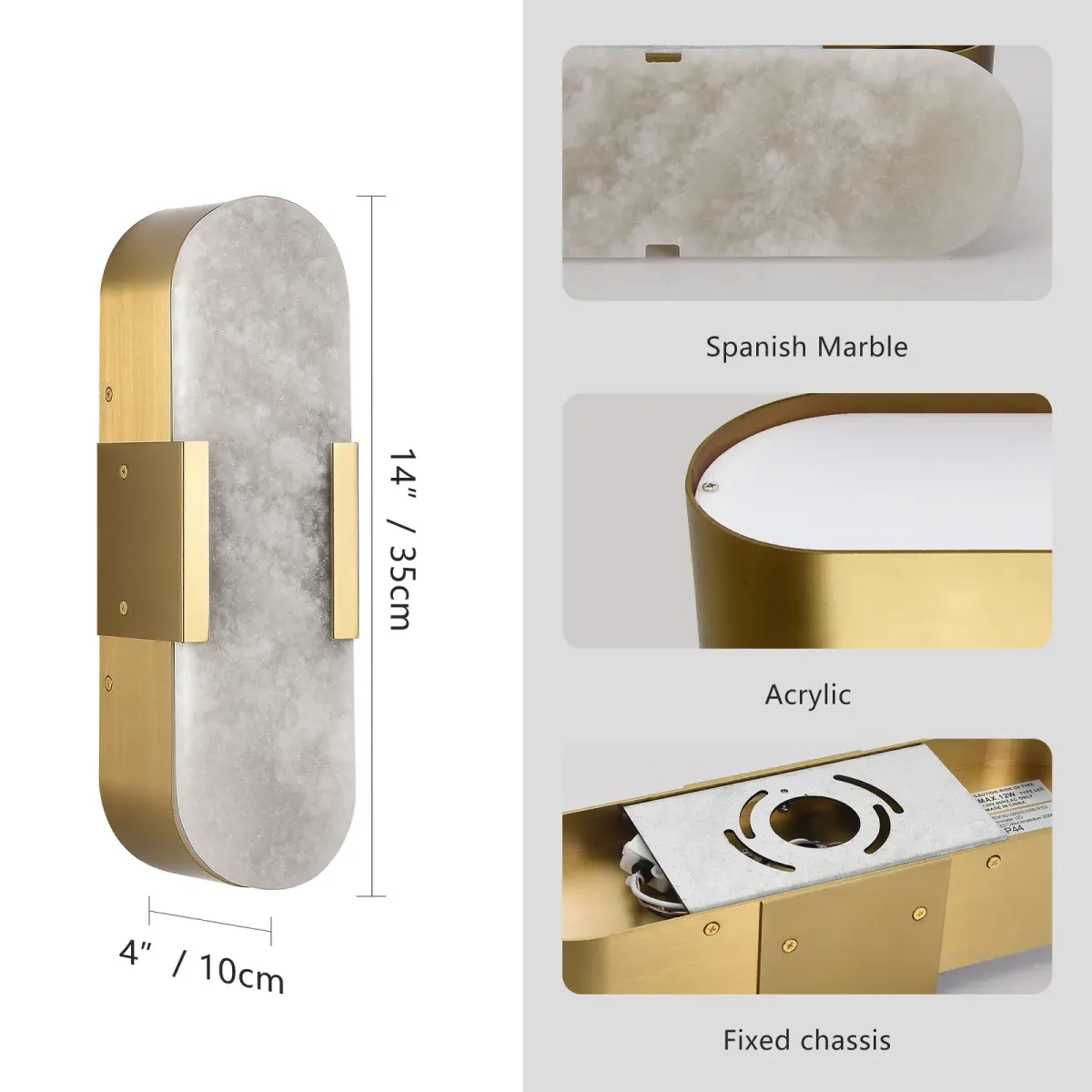 Marble wall sconce, 3.9 in, 3.9 in, gold, view 6
