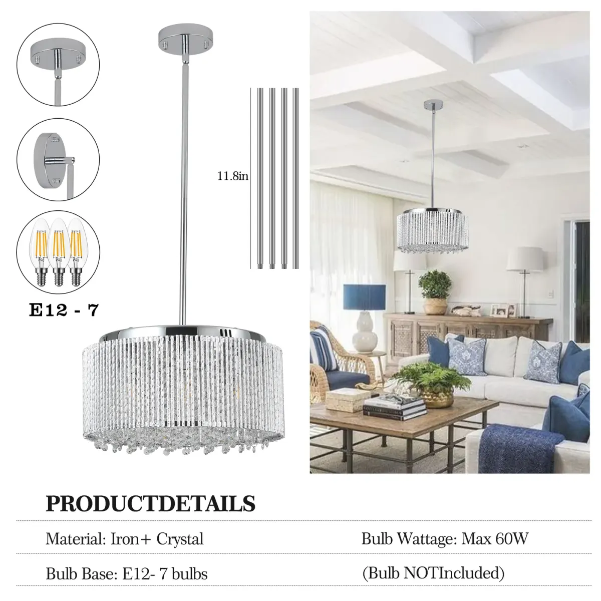7-light crystal drum chandelier, chrome,transparent, manufacturer image 3