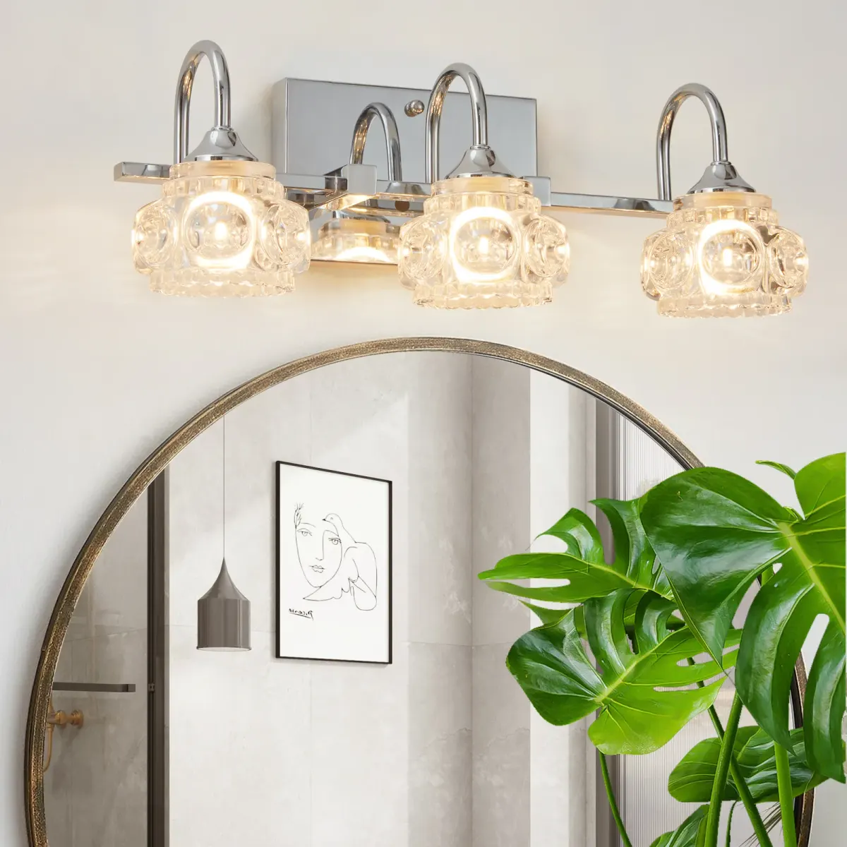 Crystal glass vanity bar, 3 lights, chrome