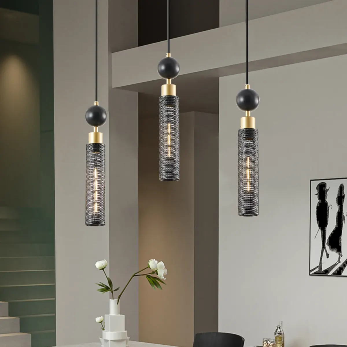 3-light chandelier, black, view 3