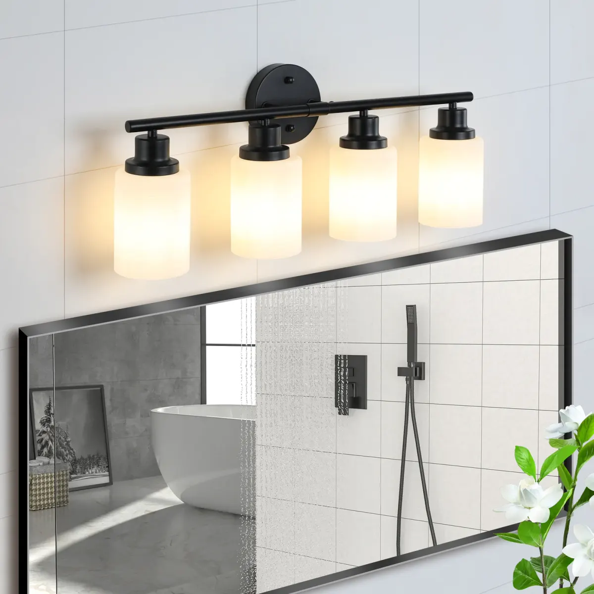 Frosted glass vanity sconce, 4 lights, black, view 3