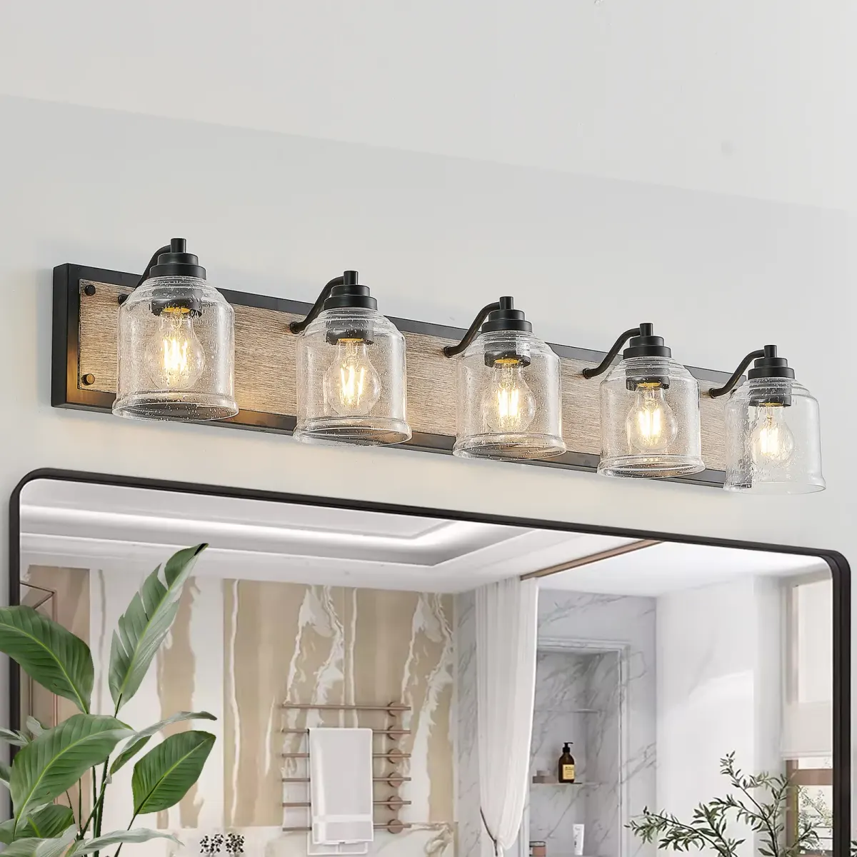 Seeded glass wood vanity bar, 5 lights, black